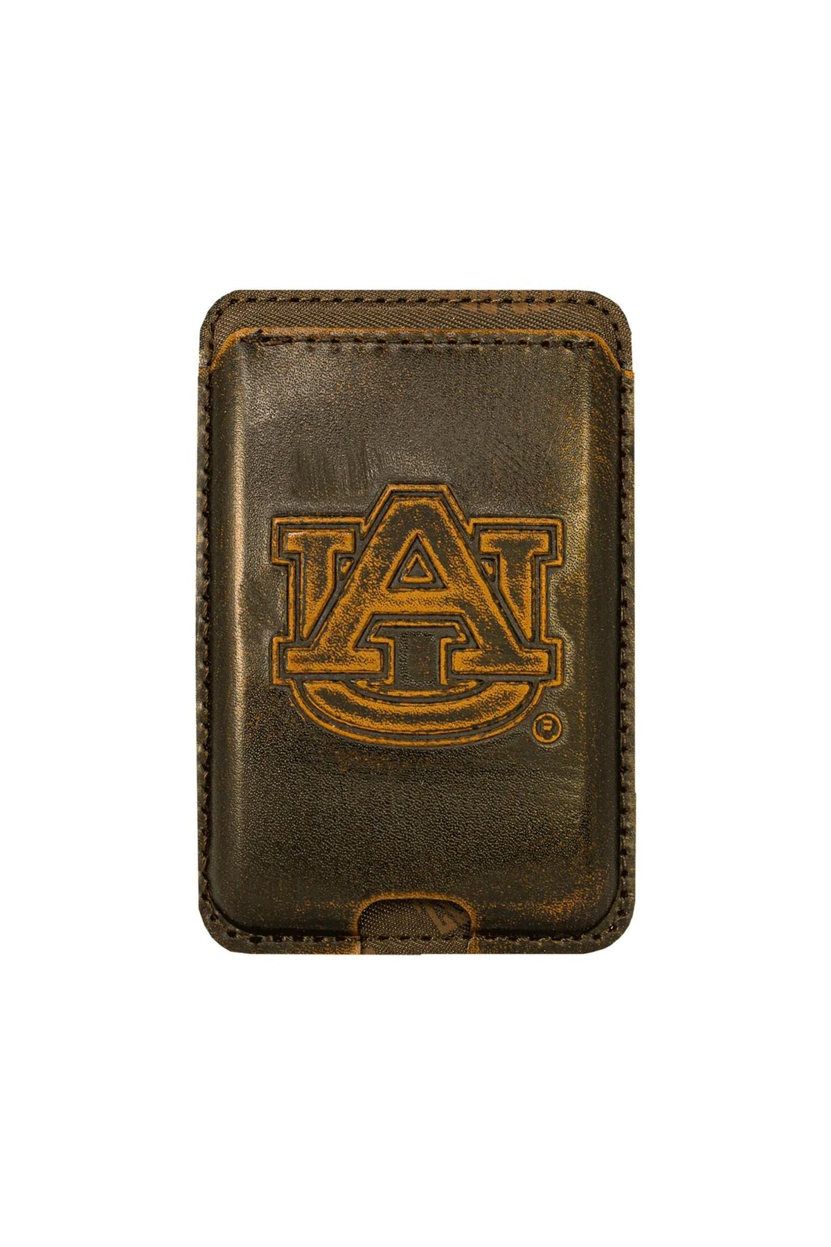 A brown leather card holder wallet featuring an embossed Auburn Tigers 'AU' logo on the front, set against a plain white background.
