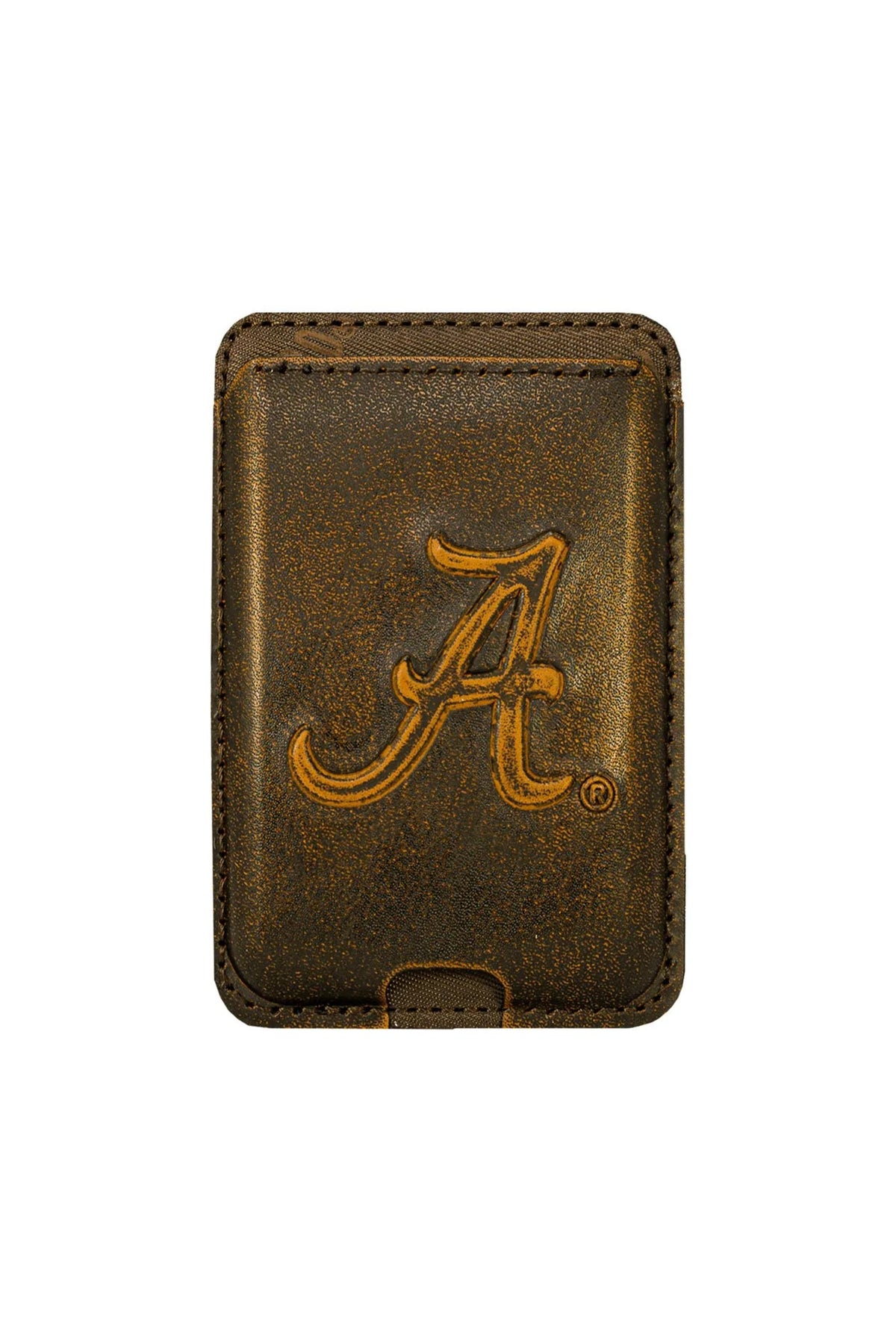 A brown textured leather card holder wallet featuring an embossed Alabama Crimson Tide 'A' logo on the front, shown against a plain white background.