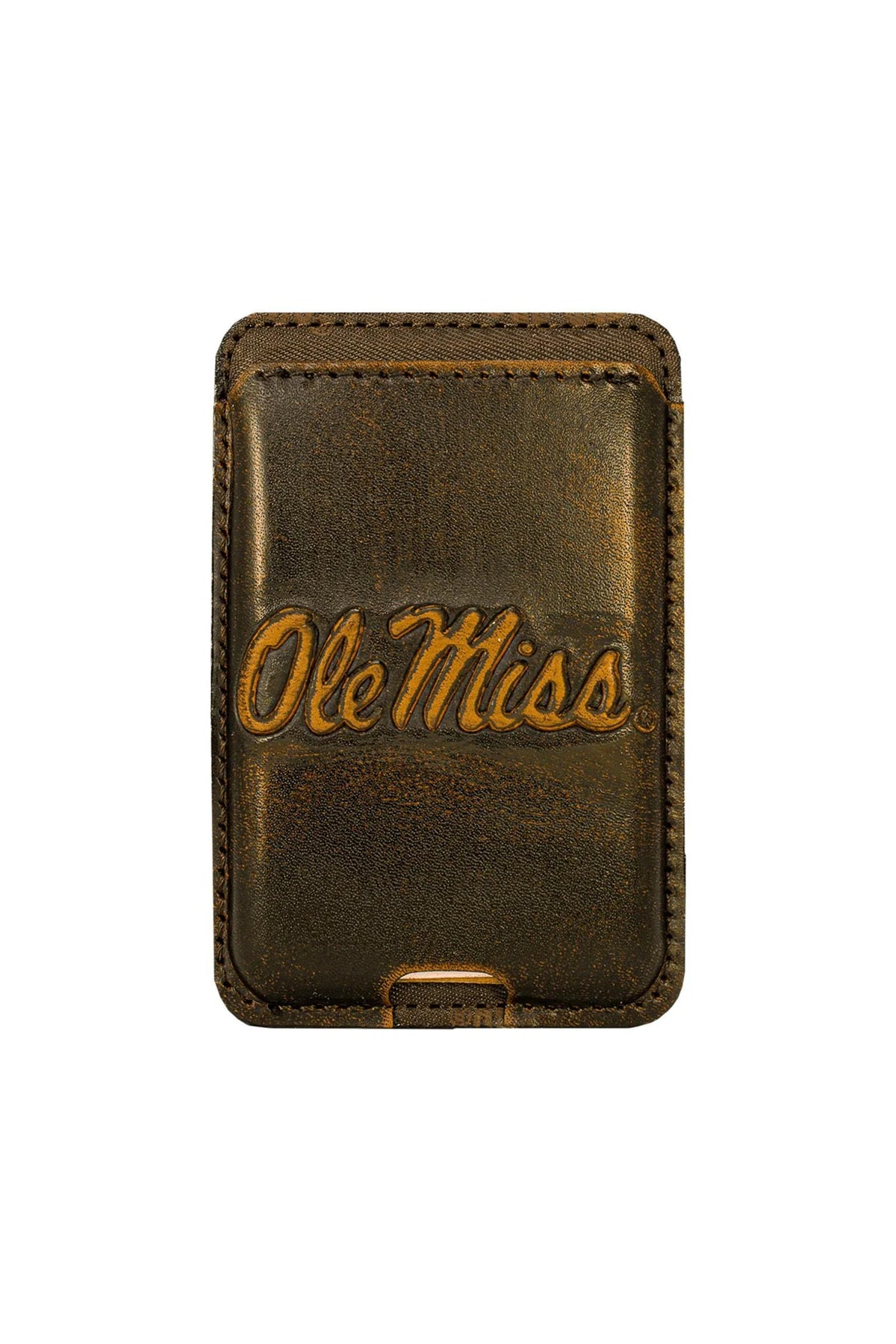 A brown leather card holder wallet featuring an embossed 'Ole Miss' logo on the front, set against a plain white background.