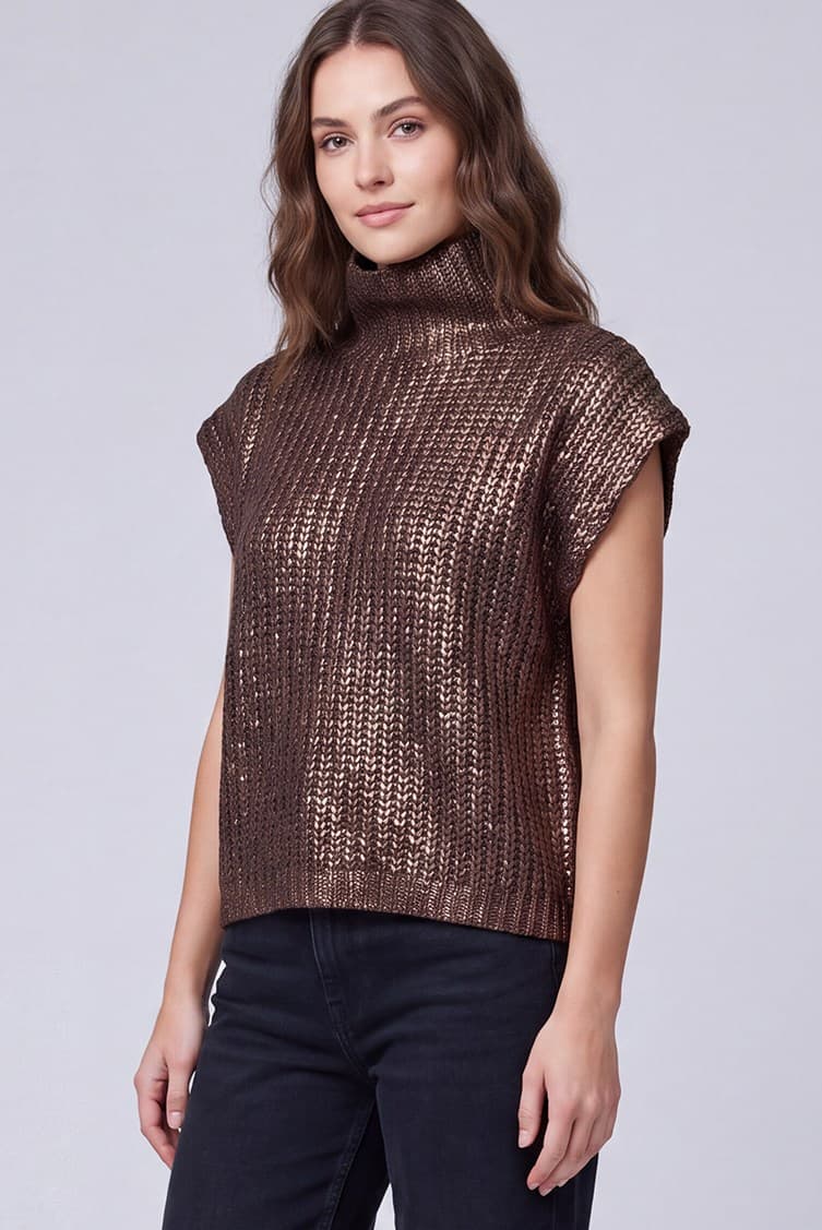 girl in brown metallic sweater