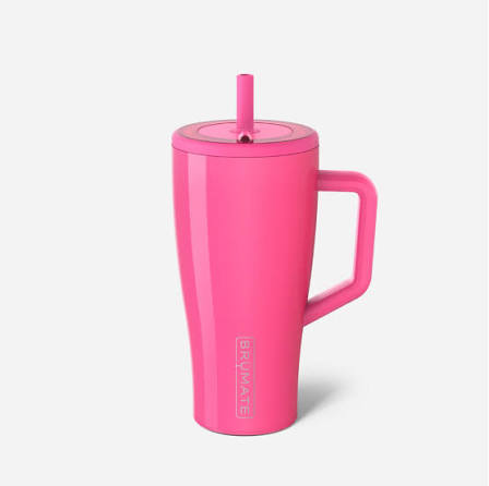 A bright pink insulated travel tumbler with a handle, lid, and matching straw, shown on a clean light gray background. The brand name 'BRIMATE' is vertically printed near the bottom.