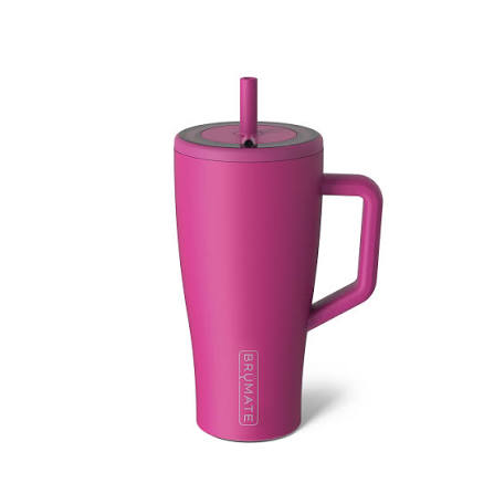 A matte magenta pink insulated travel tumbler with a matching handle, lid, and straw, featuring the vertical 'BRUMATE' logo near the base, shown on a clean white background.