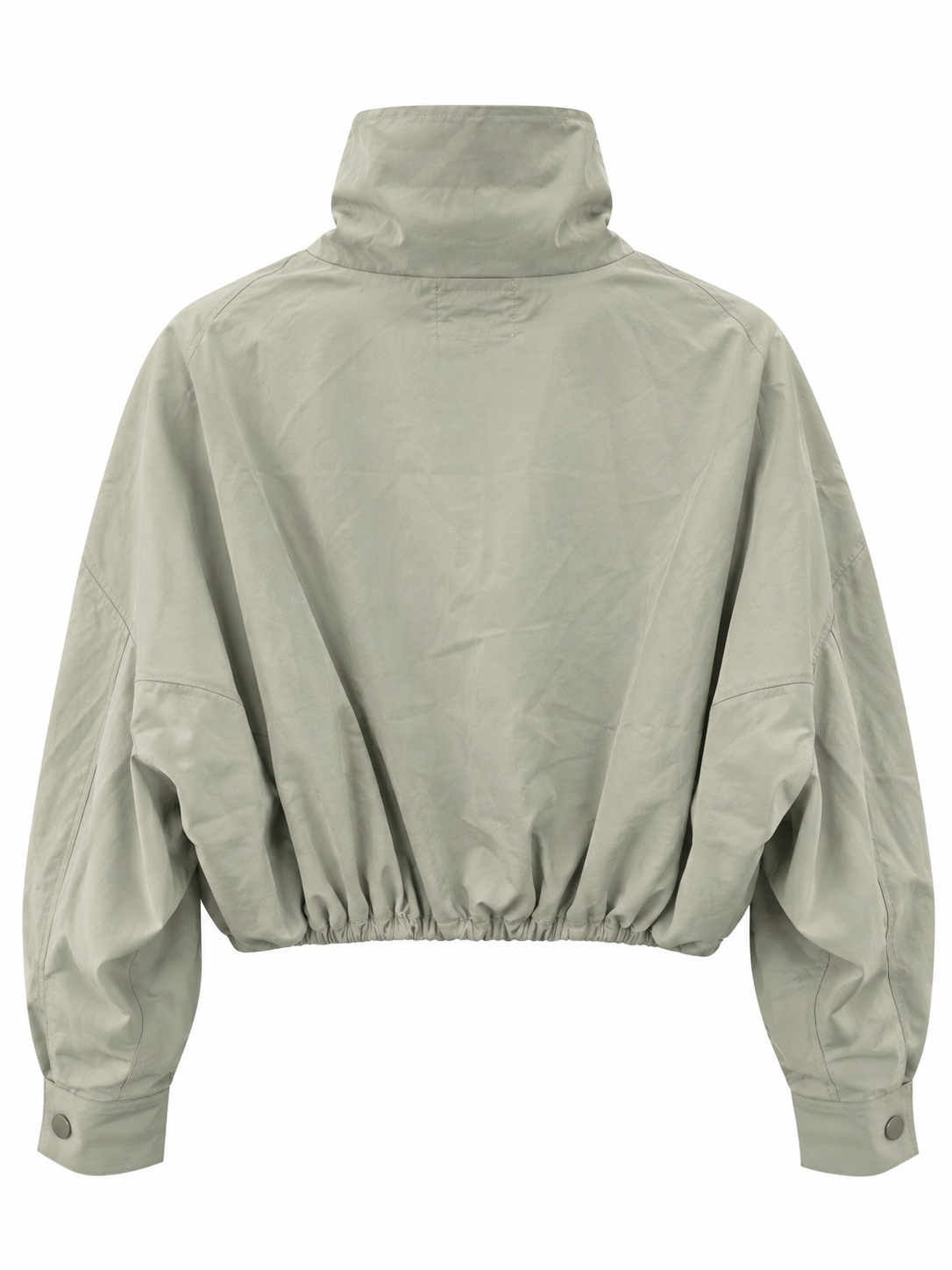 Back view of a pale green bomber jacket with an elastic bottom hem and high neck collar on a white background.