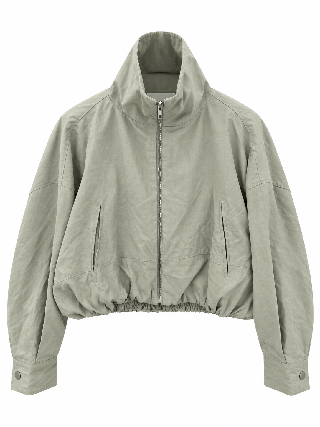Pale green bomber jacket with a high neck and silver zipper on a white background. 
