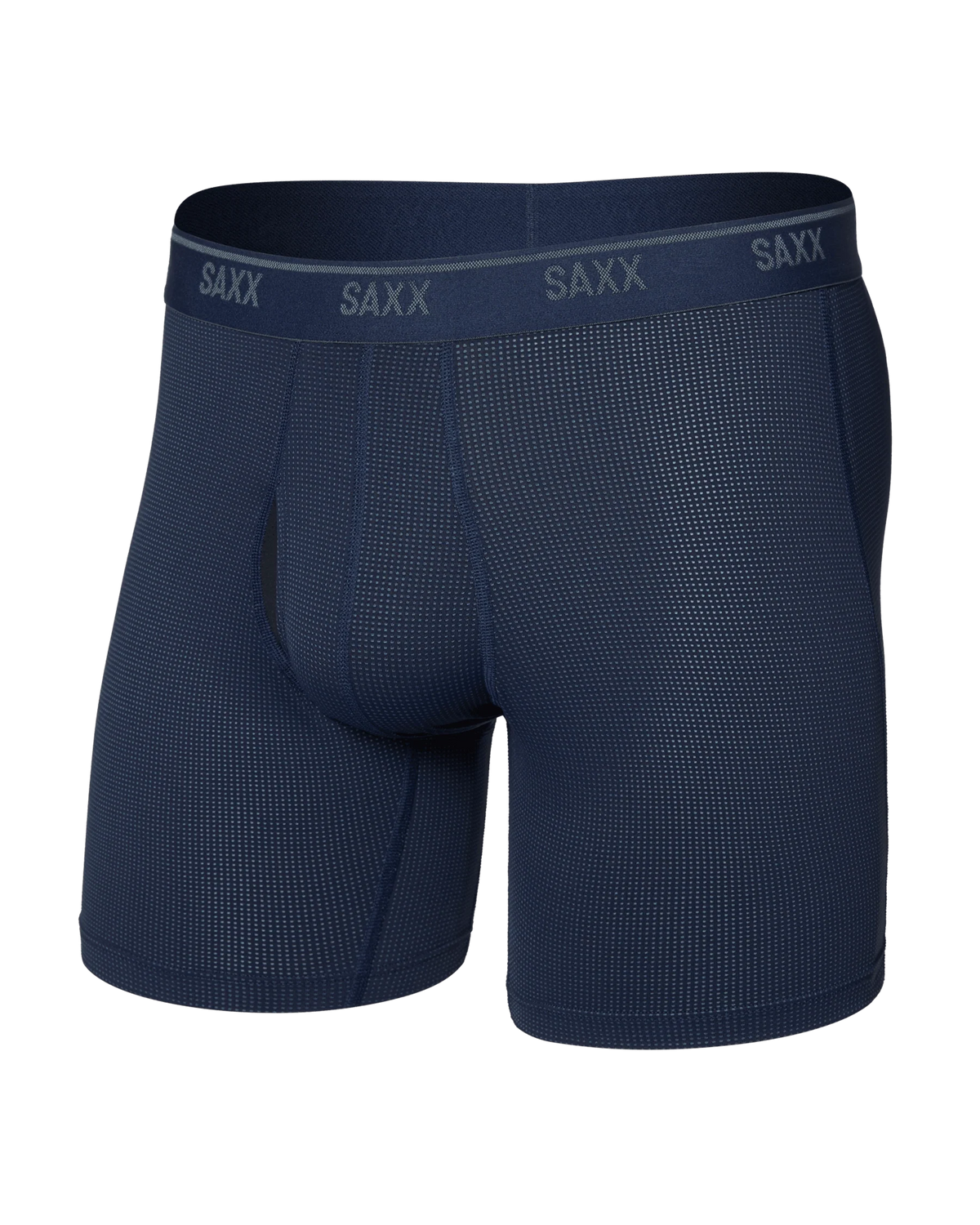 Navy blue mens boxer brief on a white background.