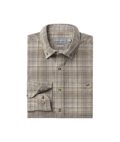 A folded long-sleeve plaid button-down shirt in beige and brown tones, shown on a plain white background.