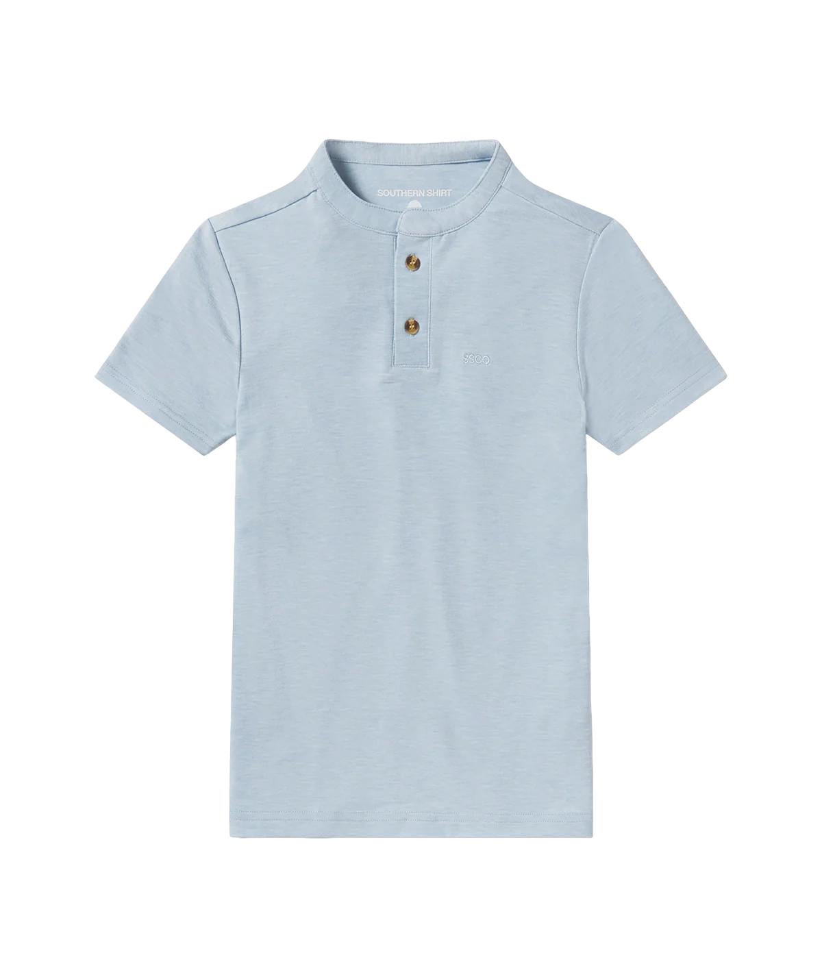 Blue two button henley short sleeve shirt on a white background. 