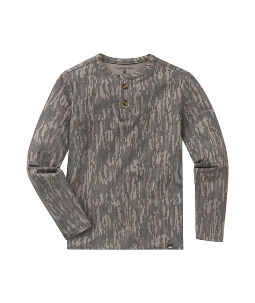 A long-sleeve henley shirt with an abstract, textured vertical pattern in shades of gray and brown, featuring three brown buttons on the chest, displayed on a solid white background.