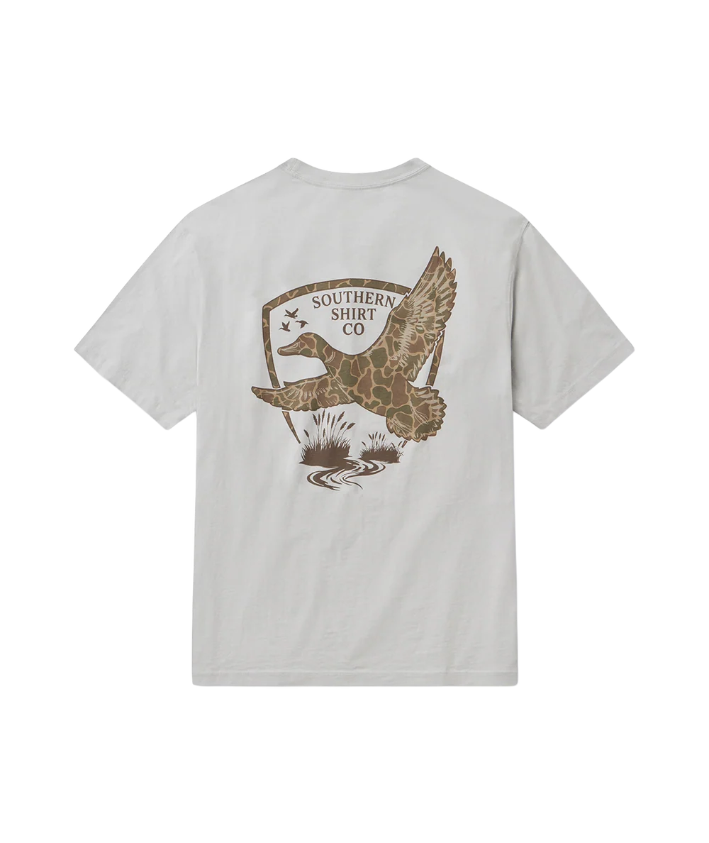 A light gray short-sleeve t-shirt shown from the back, featuring a large graphic print of a brown duck and the text 'SOUTHERN SHIRT CO.' inside a shield.
