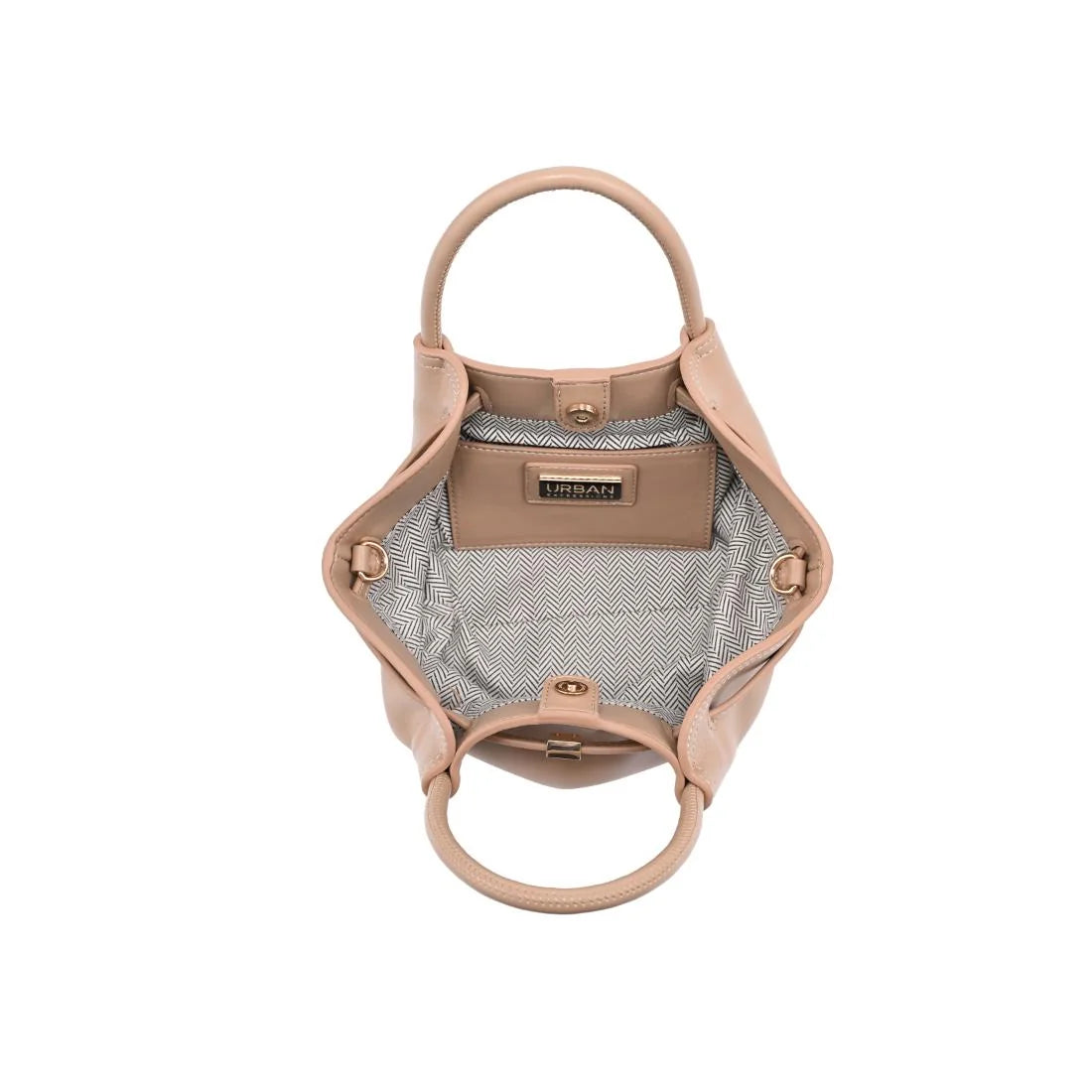 An open-top view of a beige leather handbag with double top handles, showing a gray patterned interior lining and a brand label that reads 'SHIYATT'.
