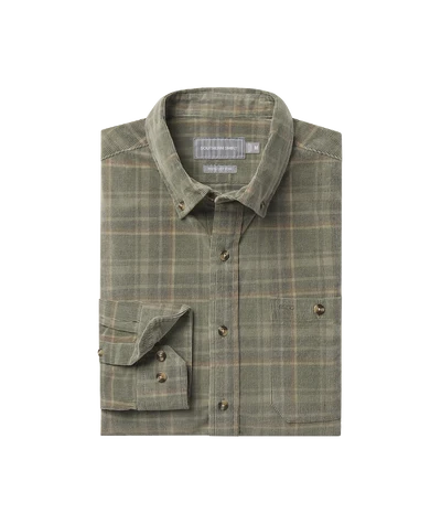 A folded long-sleeve plaid button-up shirt in olive green with tan and brown lines, featuring a chest pocket and a buttoned cuff on the sleeve, shown on a plain white background.