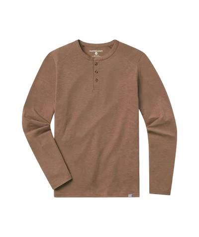 A men's long-sleeve henley shirt in a heathered brown color, featuring a three-button placket and raglan sleeves, shown flat on a white background.