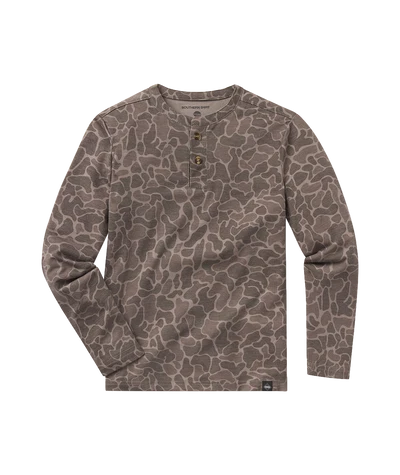 A long-sleeve henley shirt with an abstract organic pattern in shades of brown and taupe, featuring a three-button placket on the chest.