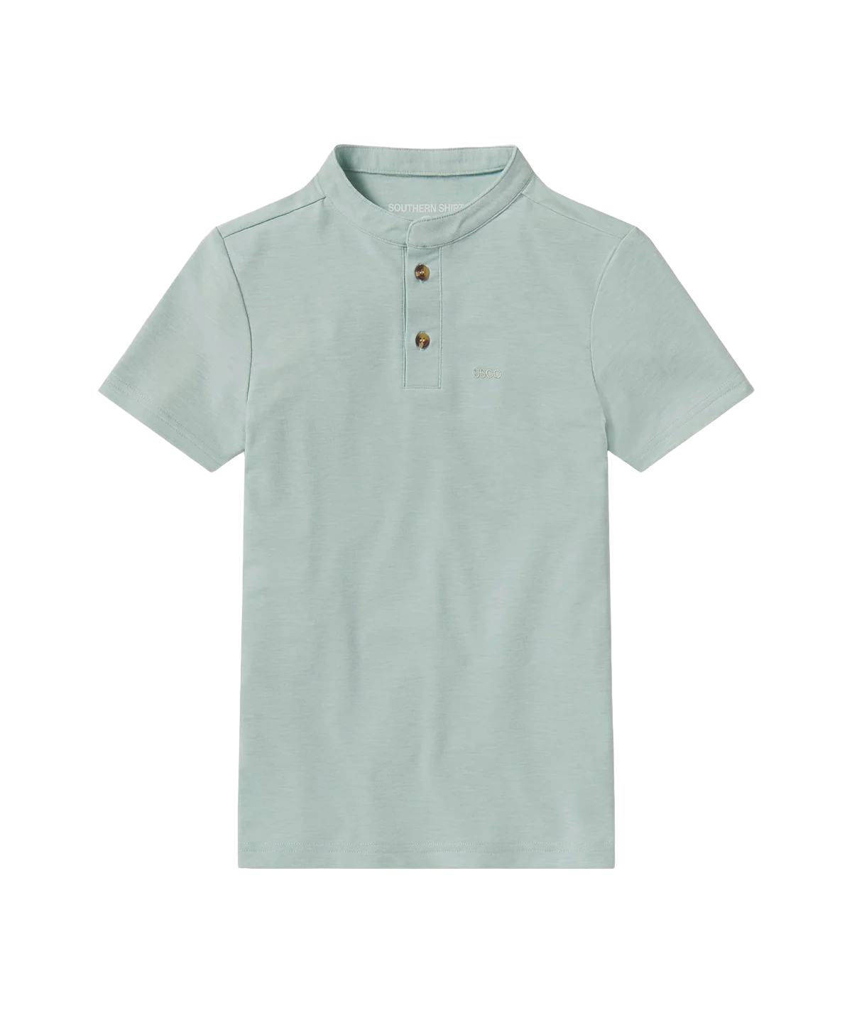 Green two button henley short sleeve shirt on a white background. 