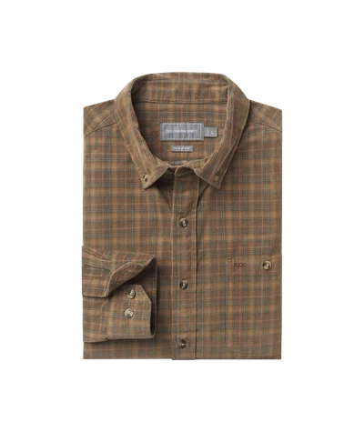A folded long-sleeve plaid button-up shirt in brown and tan tones, shown on a plain white background.