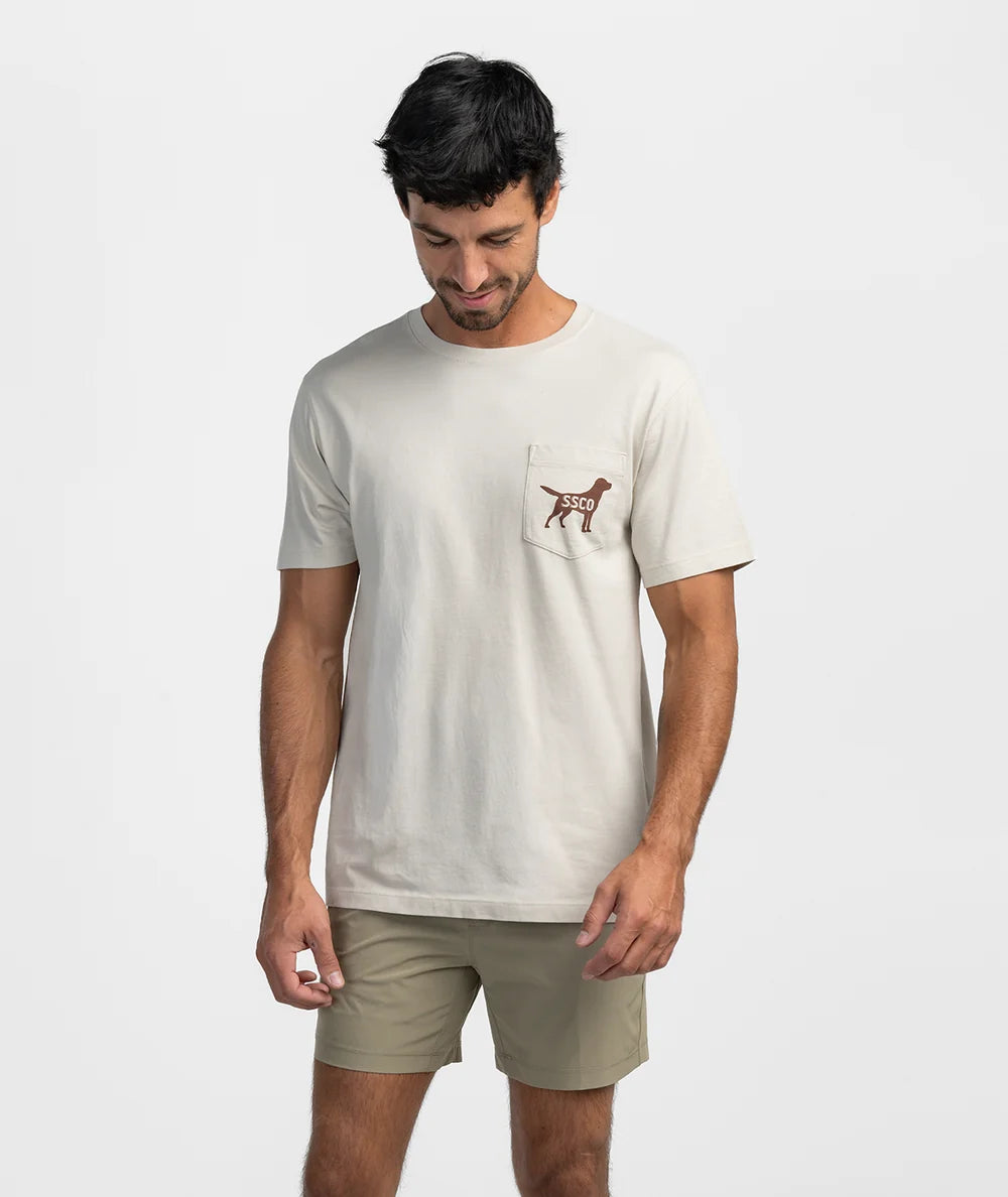A man wearing a light beige crewneck pocket t-shirt with a brown dog graphic on the chest pocket, paired with khaki shorts, against a plain light gray background.