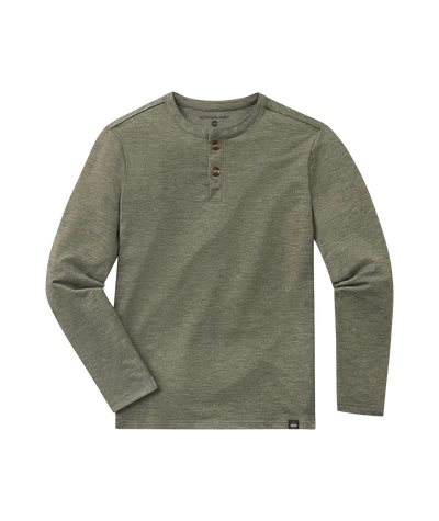 An olive green long-sleeve henley shirt with a three-button placket, displayed flat against a solid white background.