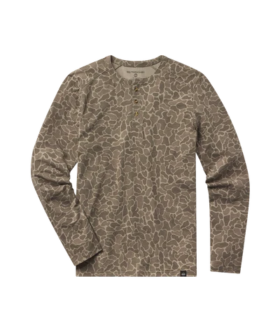 A long-sleeve henley shirt with a brown and beige abstract organic pattern, featuring a three-button placket on the chest.