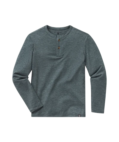 A men's long-sleeve henley shirt in a heathered slate gray color, featuring a three-button placket and a small brand tag near the bottom hem, displayed on a solid white background.