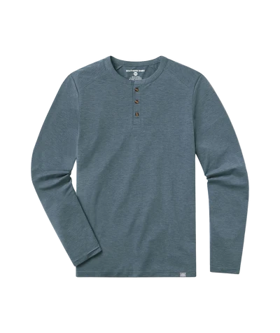 A slate blue long-sleeve henley shirt with three brown buttons on the chest, displayed flat against a solid white background.