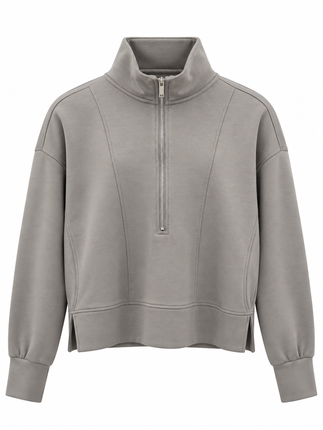 A light gray half-zip sweatshirt with a mock neck collar, long sleeves, and ribbed cuffs and hem, shown against a plain white background.