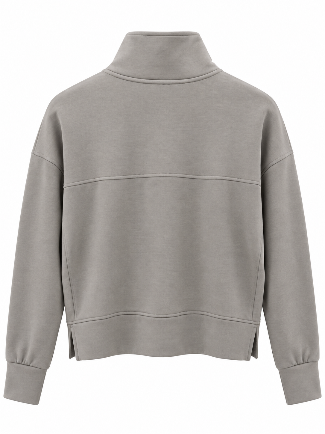 A light gray mock neck sweatshirt with long sleeves and horizontal seam details on the front, shown against a plain white background.