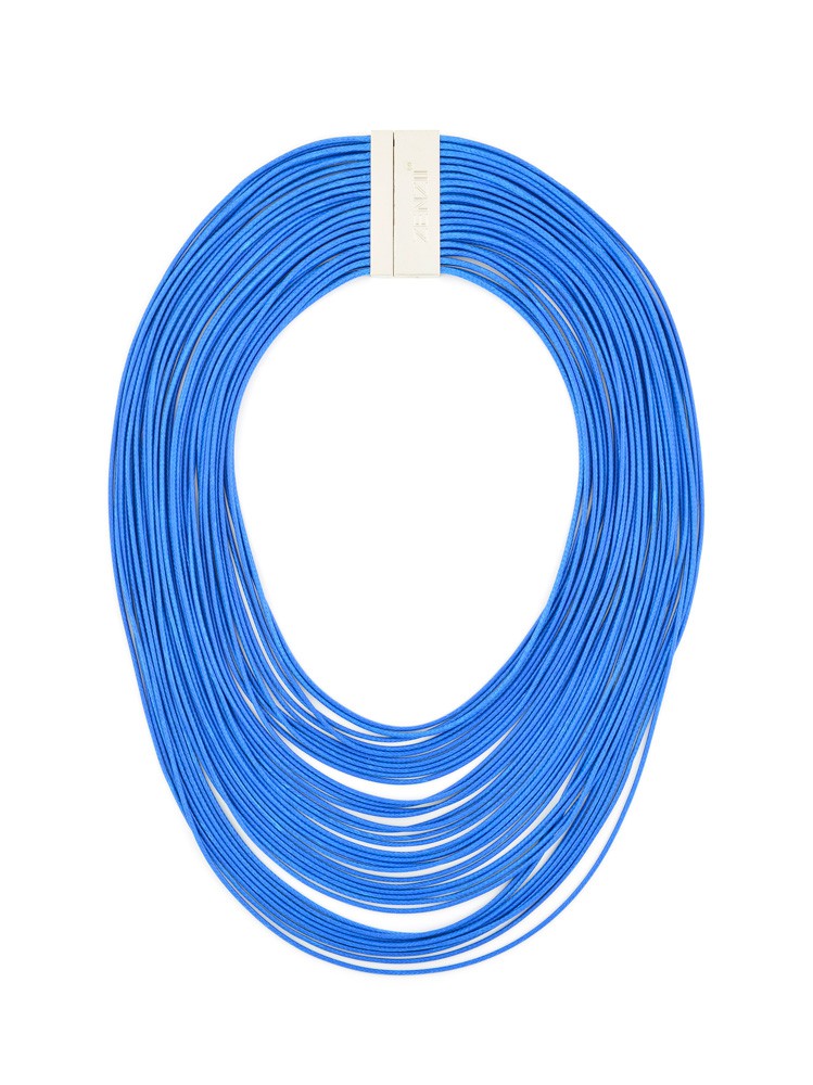 Bright blue rope necklace with a silver clasp on a white surface