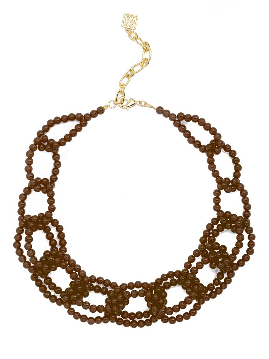 A multi-strand brown beaded necklace with a gold-tone clasp and extender chain, displayed on a clean white background.