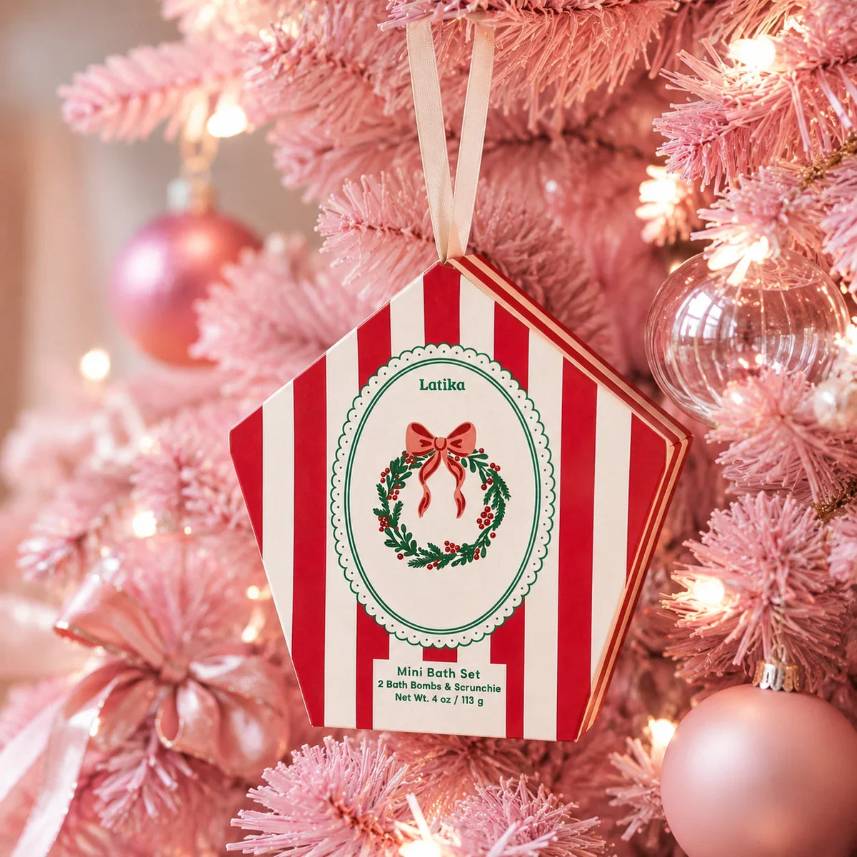 gift set hanging on tree as ornament 