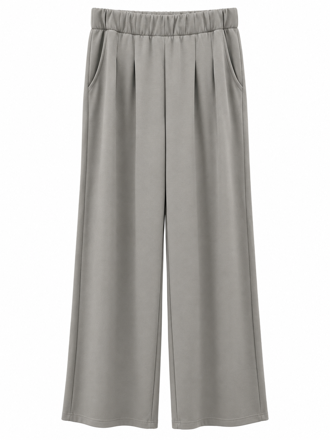 A pair of light gray wide-leg cropped pants with an elastic waistband and side pockets, shown against a plain white background.