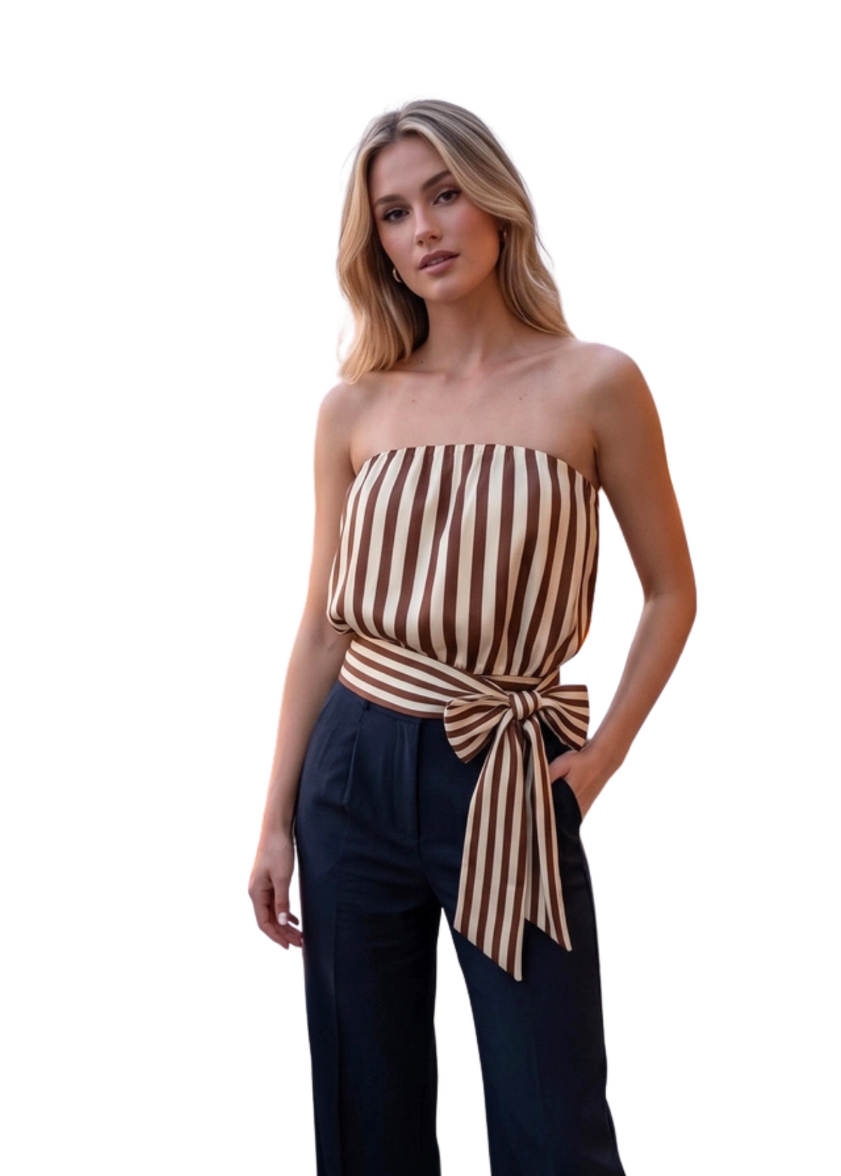 A woman modeling a strapless tube top with vertical brown and beige stripes, tied at the waist, paired with dark navy wide-leg pants, against a solid white background.