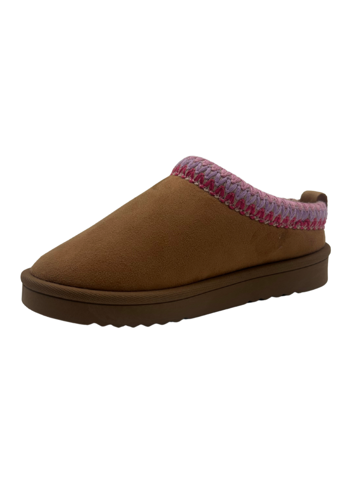 Girls brown slipper with pink stitching at ankle on a white background. 