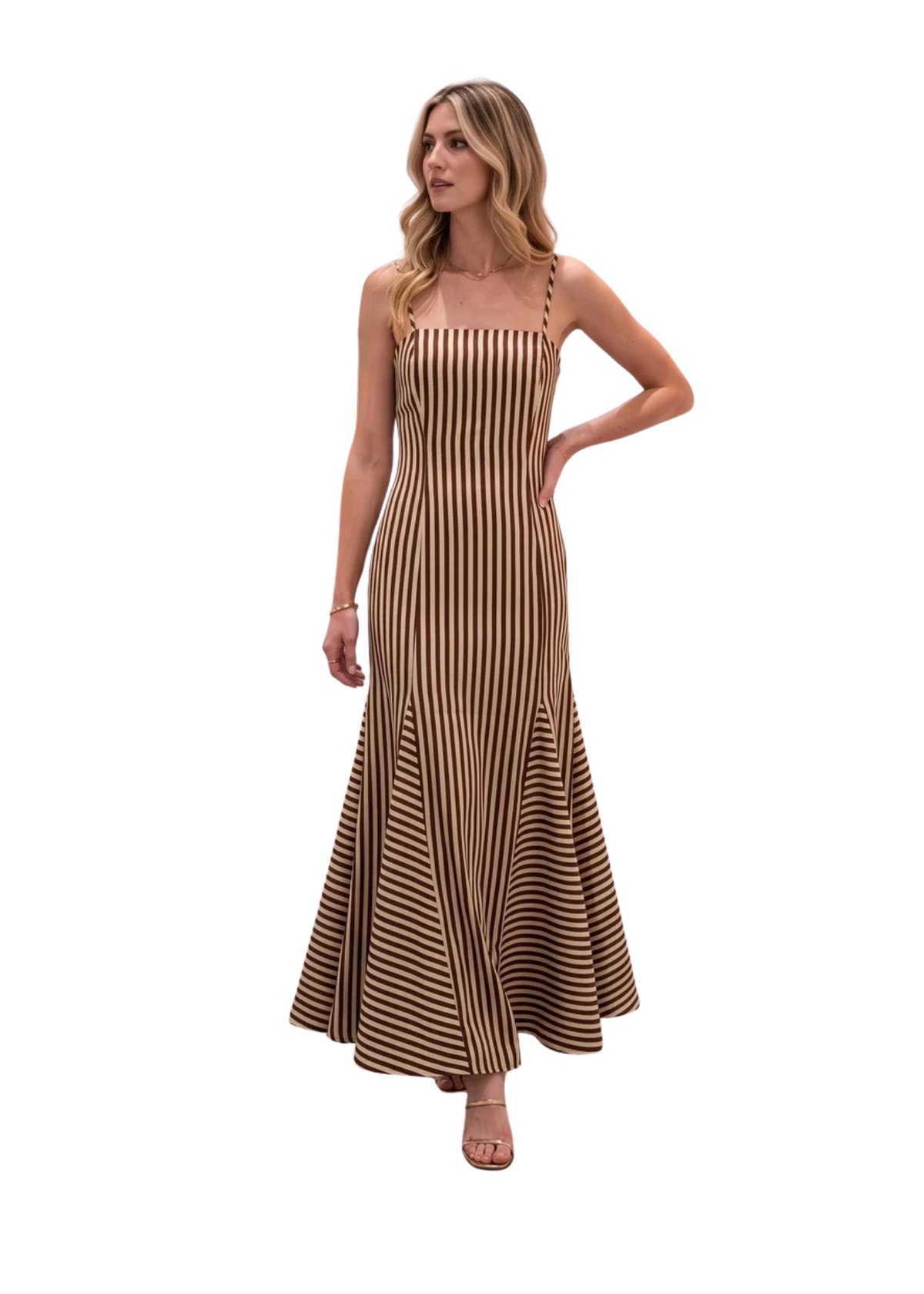 A woman modeling a sleeveless, floor-length maxi dress with thin straps and vertical brown and beige stripes, shown against a plain white background.
