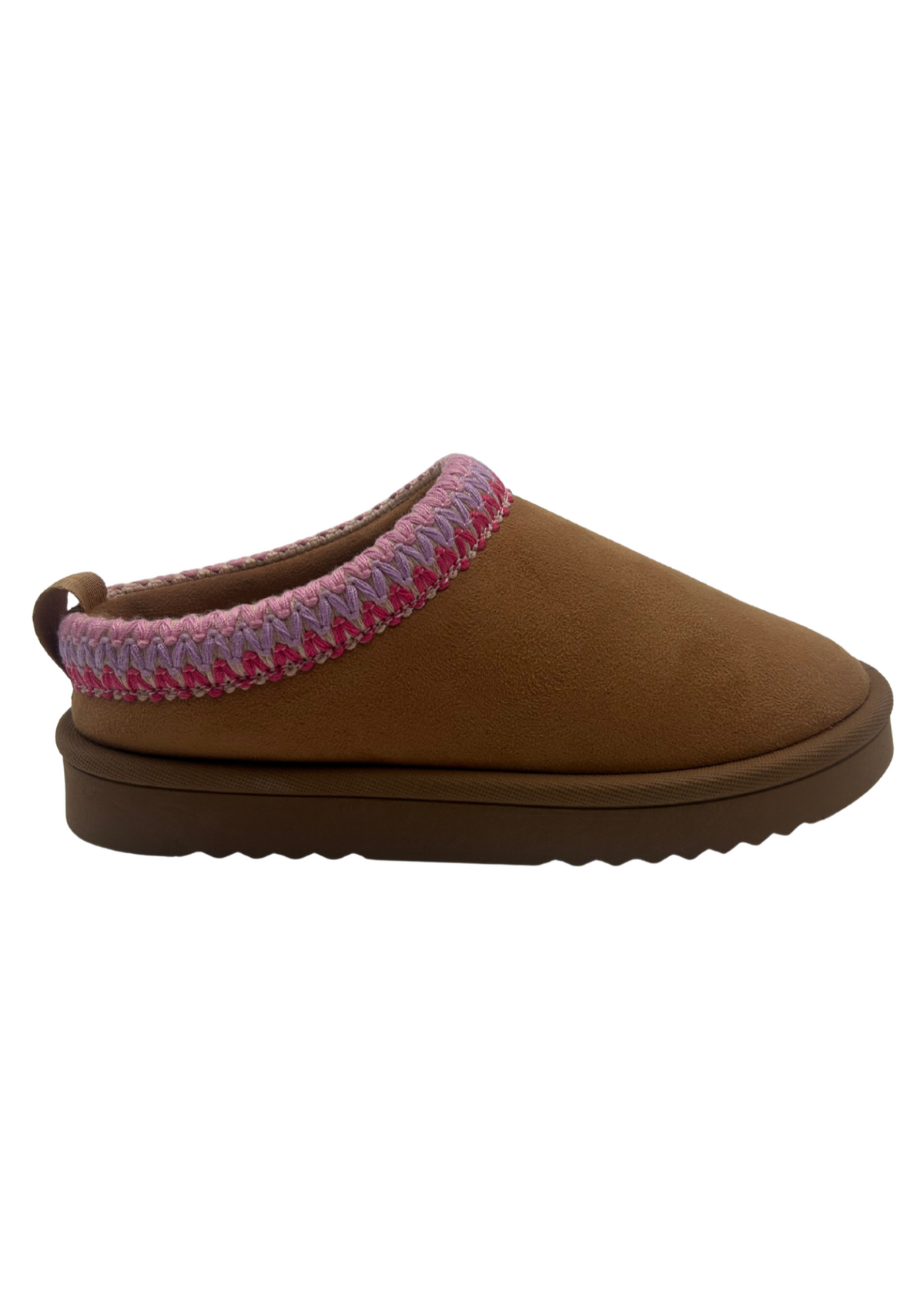 Girls brown slipper with pink stitching at ankle on a white background. 