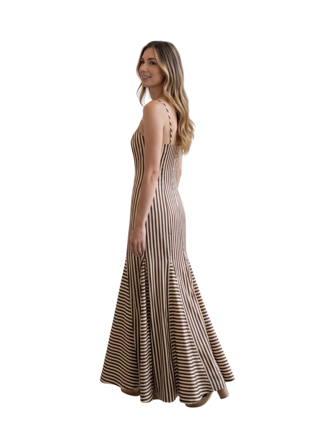A woman modeling a sleeveless, floor-length mermaid-style dress with thin vertical brown and beige stripes, shown from a side-back angle against a plain white background.