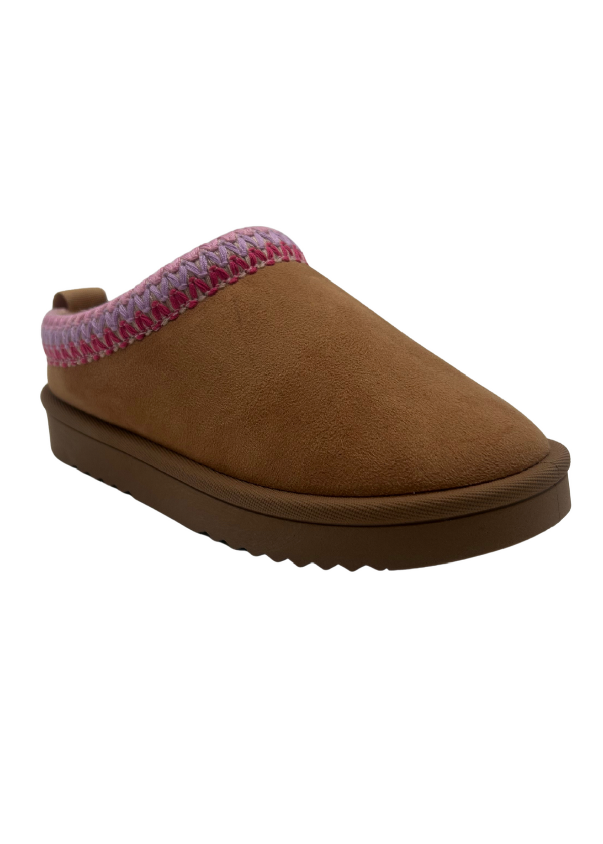 Girls brown slipper with pink stitching at ankle on a white background. 