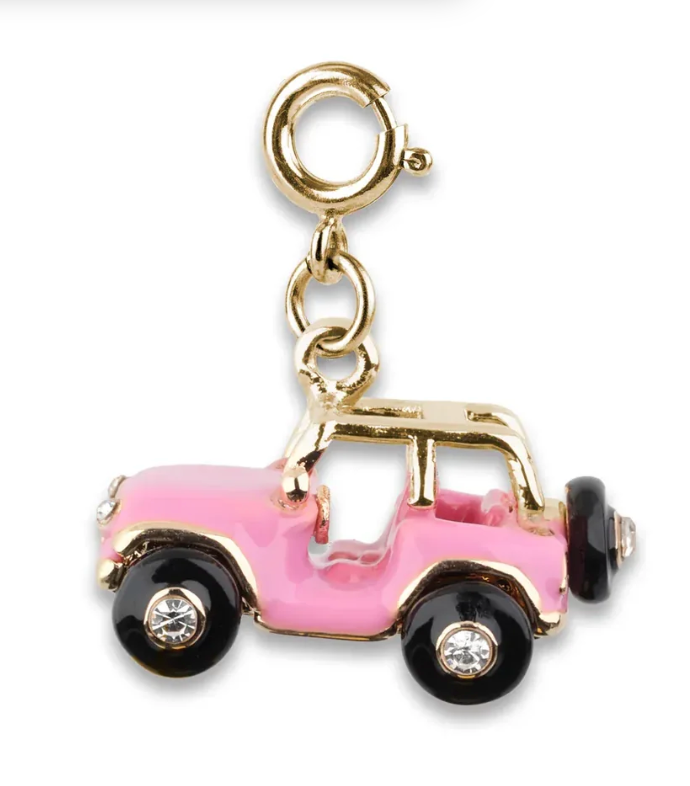 A pink and gold enamel charm shaped like a convertible car, featuring black wheels with rhinestone centers and a gold lobster clasp at the top, shown on a white background.