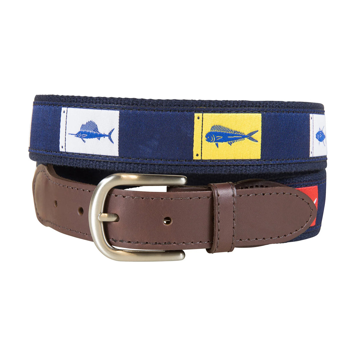 Navy belt with multicolored squares with blue fish embroidered and brown and silver hardware on a white background. 