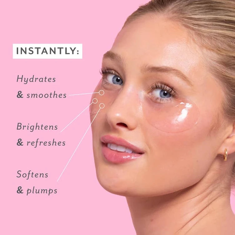Woman's face with skincare product application on a pink background, showing text benefits.
