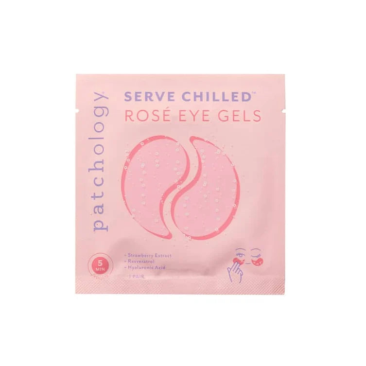 A single-use packet of Patchology Serve Chilled Rosé Eye Gels in strawberry extract, featuring a light pink packaging with purple and pink text and illustrations.