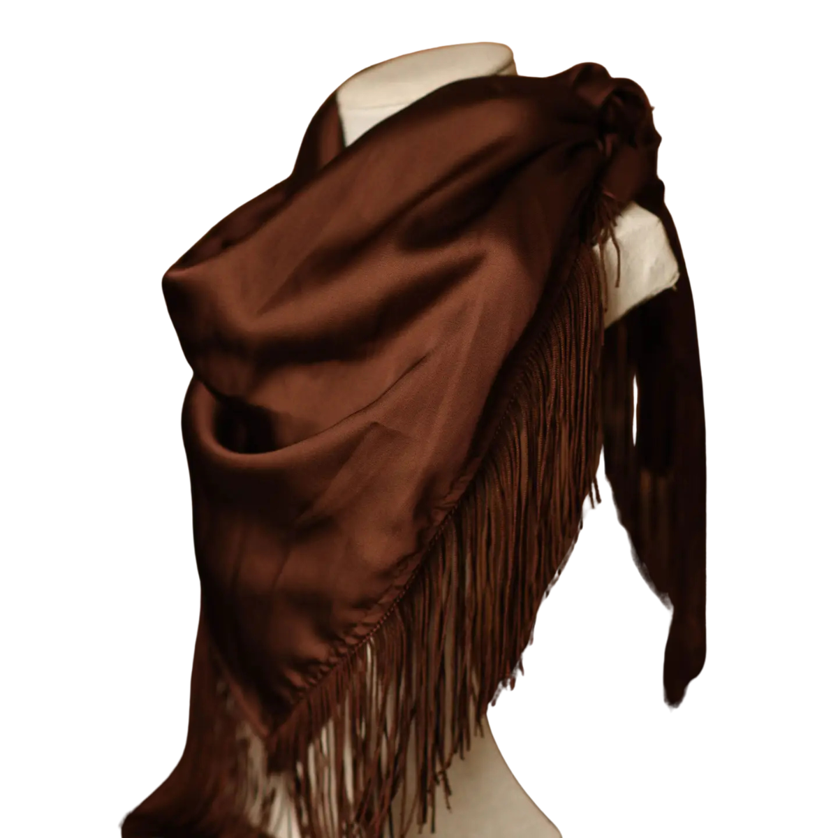 Chocolate brown satin scarf featuring long matching fringe trim.
