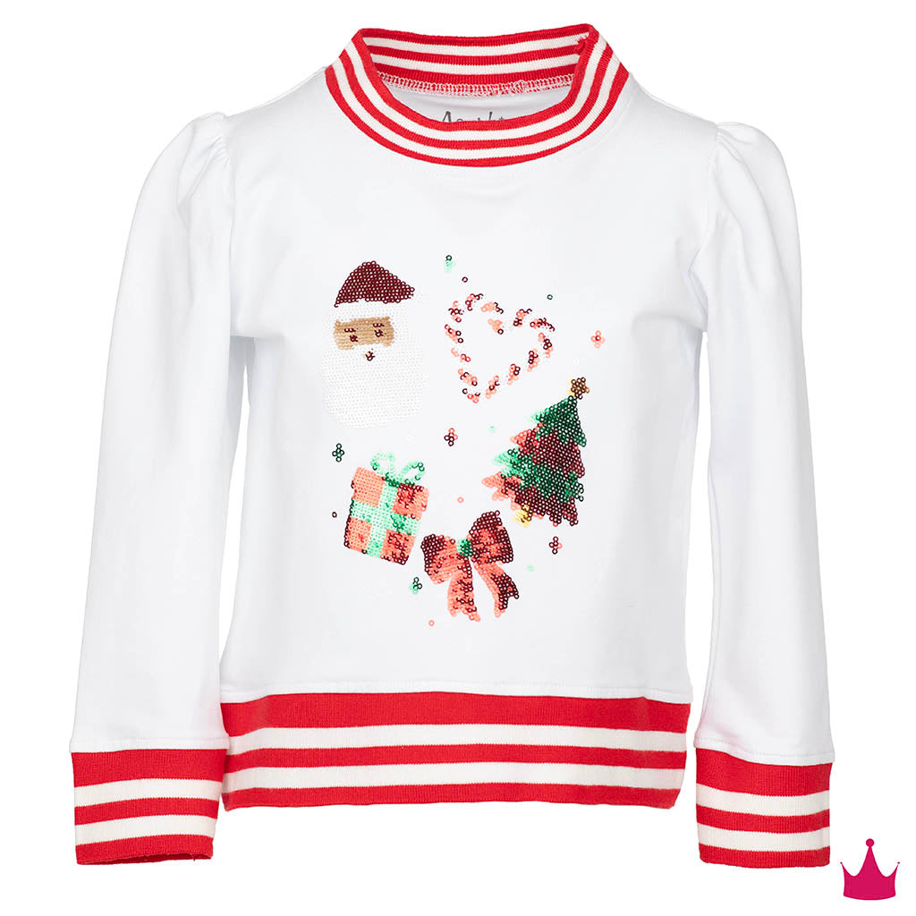 A white long-sleeve Christmas sweater with red and white striped collar, cuffs, and hem, featuring sequined holiday graphics including a Santa hat, candy cane, gift box, Christmas tree, and bow on the front.