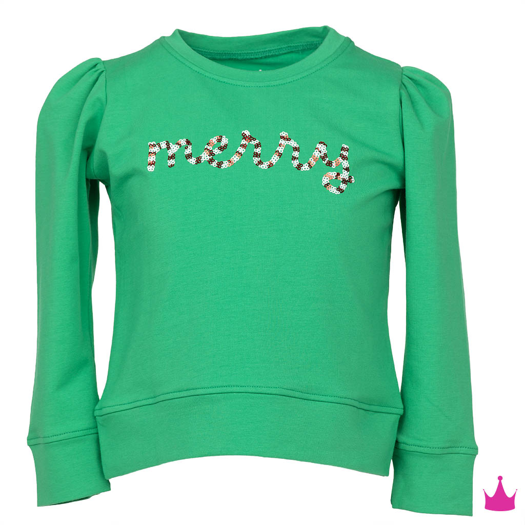 Green longsleeve with sequin "merry" lettering