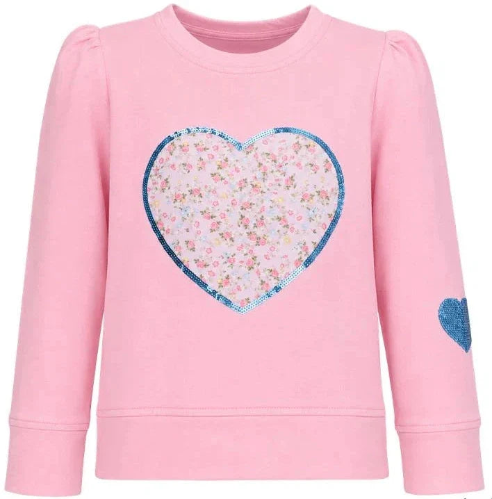 A pink long-sleeve sweatshirt for girls, featuring a large sequined heart on the chest with a floral pattern and a smaller heart on the sleeve.