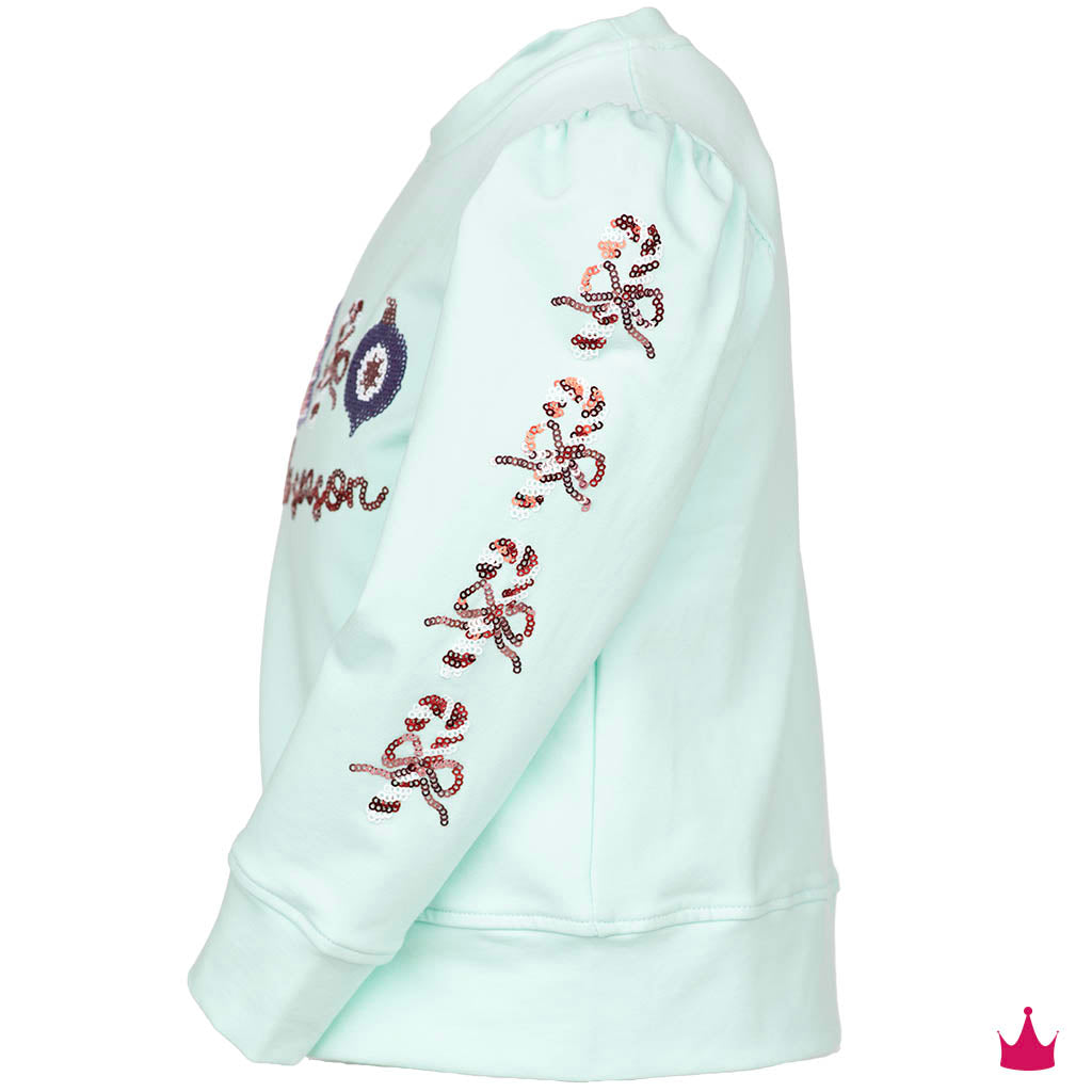 A mint green cropped sweatshirt with sequined graphic details on the chest and sleeve, shown from a side profile view against a white background.