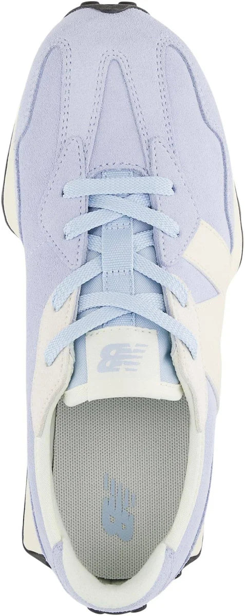 A light blue and cream New Balance sneaker shown from a top-down angle against a white background.