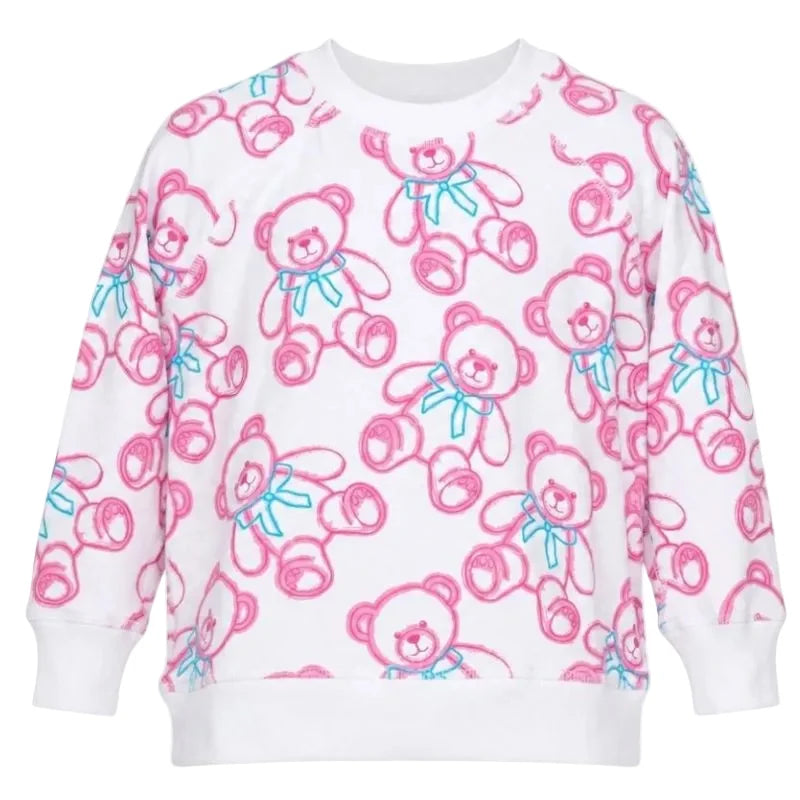A white long-sleeve crewneck sweatshirt featuring an all-over pink teddy bear print with light blue bows, shown against a plain white background.