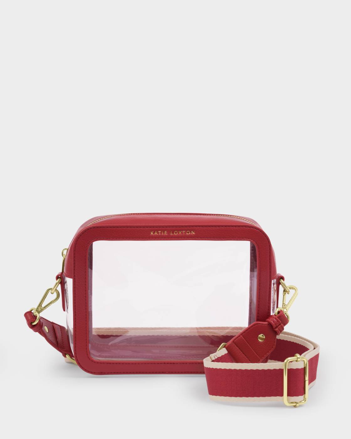 Red crossbody bag with clear front panel on a white background