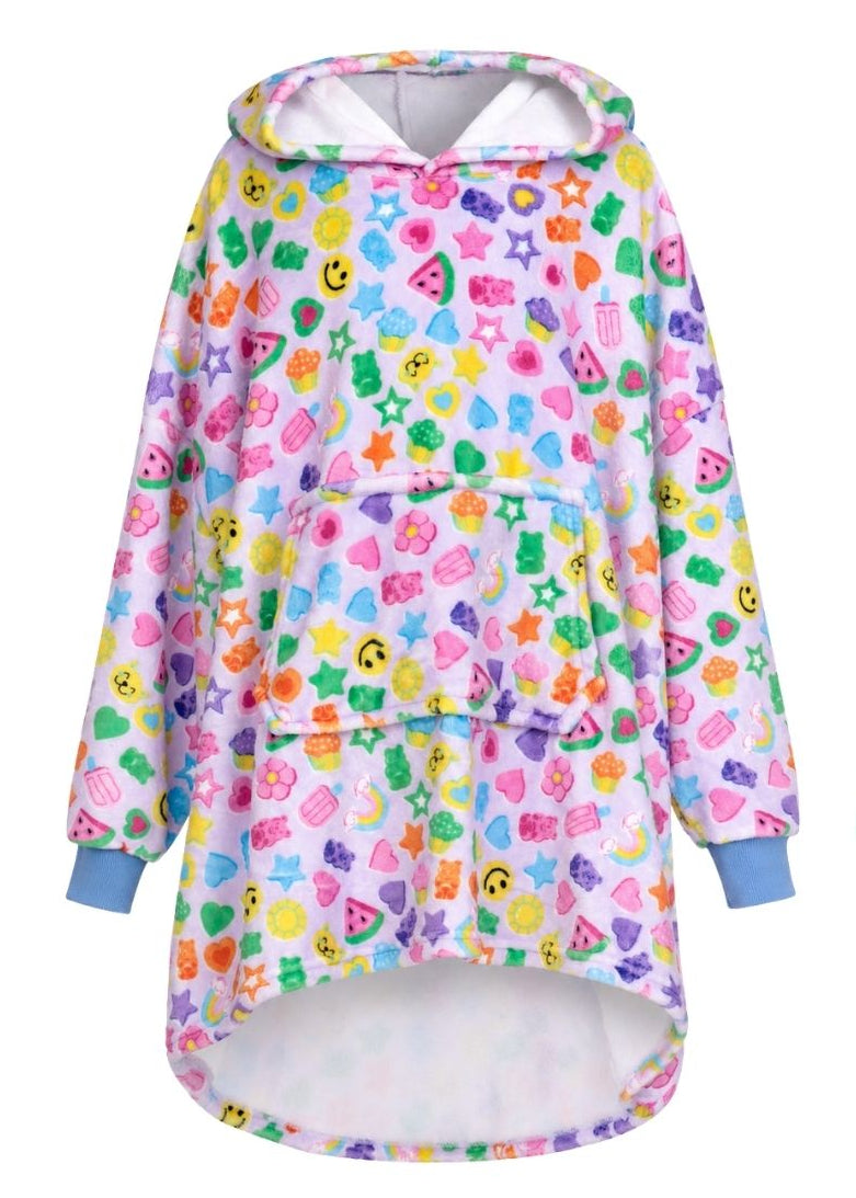 A long hooded sweatshirt shown from both front and back views on a white background. The hoodie has a light pink base covered in a dense multicolor pattern of small cartoon faces, stars, hearts, and shapes in pink, yellow, green, blue, orange, and purple.