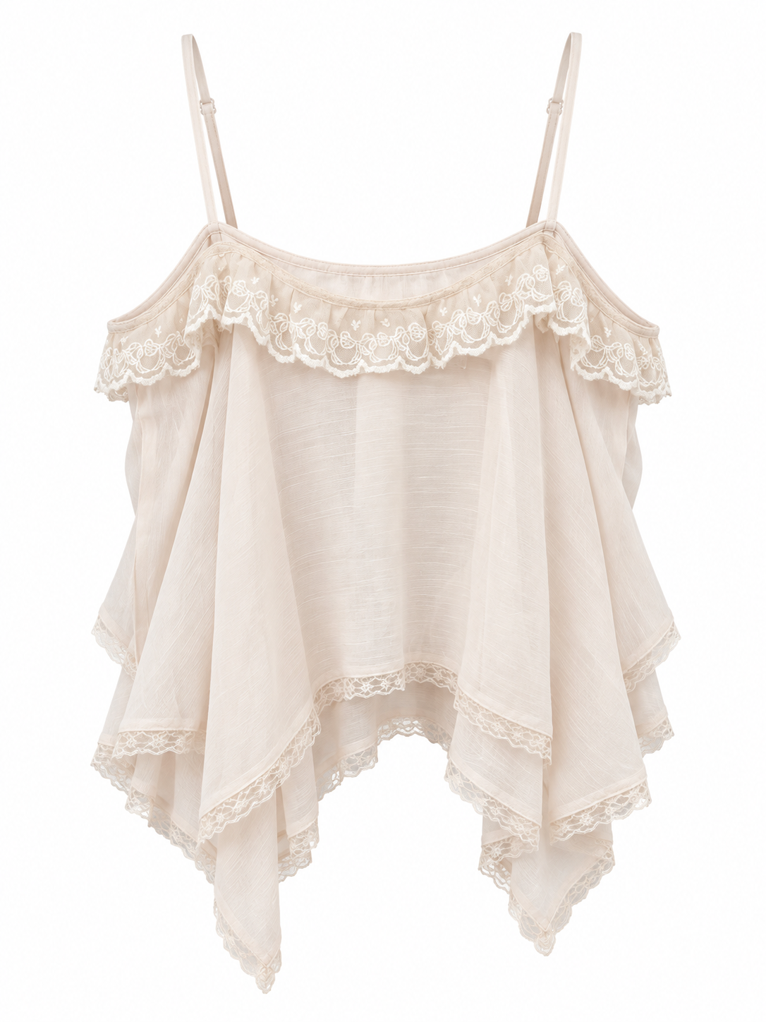 A cream-colored cold-shoulder camisole top with delicate lace trim along the neckline and layered ruffled edges, shown against a plain white background.